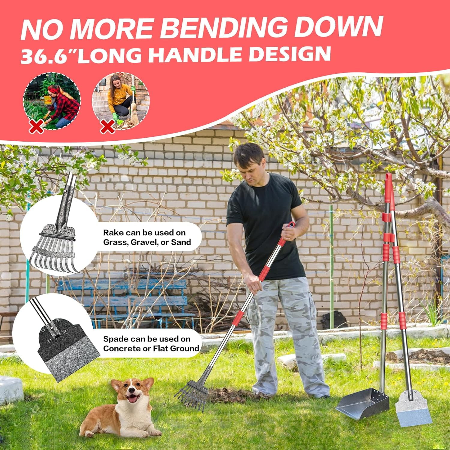 Dog Pooper Scooper Set,Dog Poop Tray and Rake Set for Large & Small Dogs Dog Pet Waste Tool 15 Litre Step Dog Poop Trash Can Outside W/Removable Inner Bucket with 20 Waste Bags
