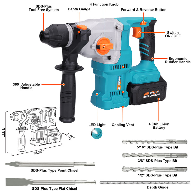 Berserker 20V Cordless SDS-Plus Rotary Hammer - Brushless Motor, 4.0Ah Battery & 3.0A Fast Charger, 4 versatile modes for all your home DIY needs