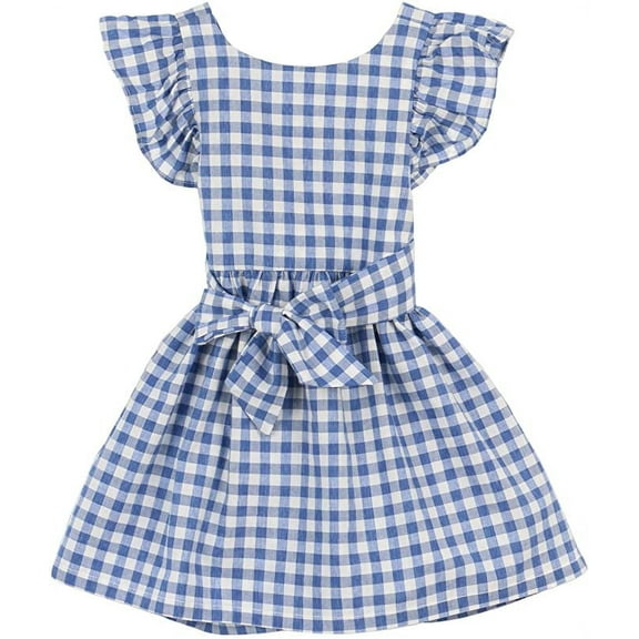 ContiKids Little Girls Summer Spring Cotton Dress Plaid Ruffle Shoulder Sleeveless Sundress Blue 5-6 Years