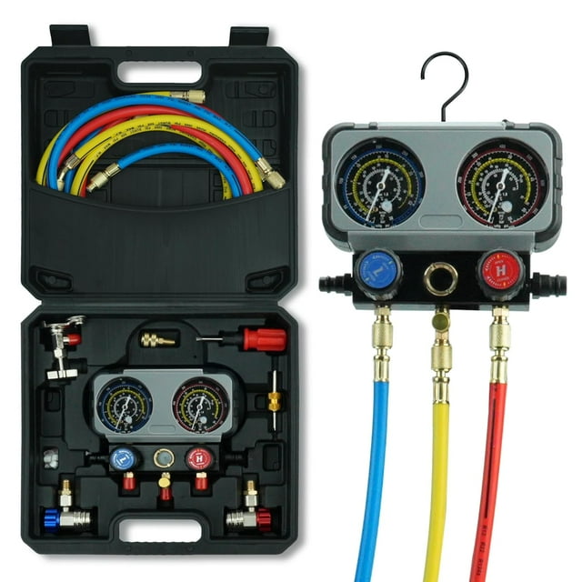 3 Way AC Gauge Set,HVAC Gauges for R134a R410a R12 R22 R502 Refrigerant,Refrigerant Gauge Kit with 5FT Hoses,Anti-Collision Dial,R410a Adapter,Puncturing Can Tap