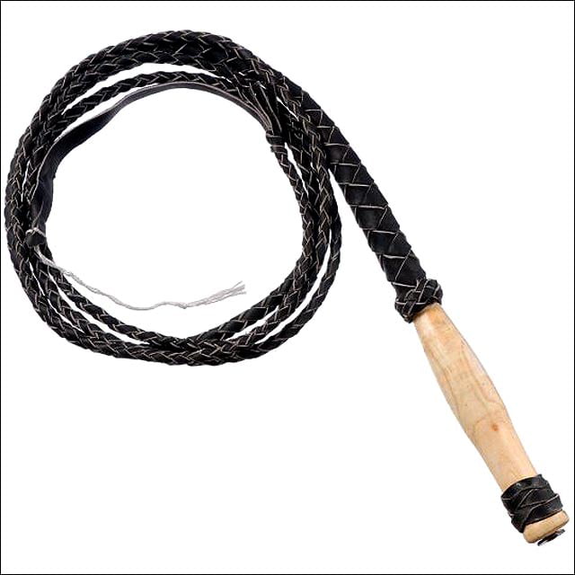 TRAINER BLACK Leather Flogger BULL WHIP with 2 Knobs and Pointed Slapper End 