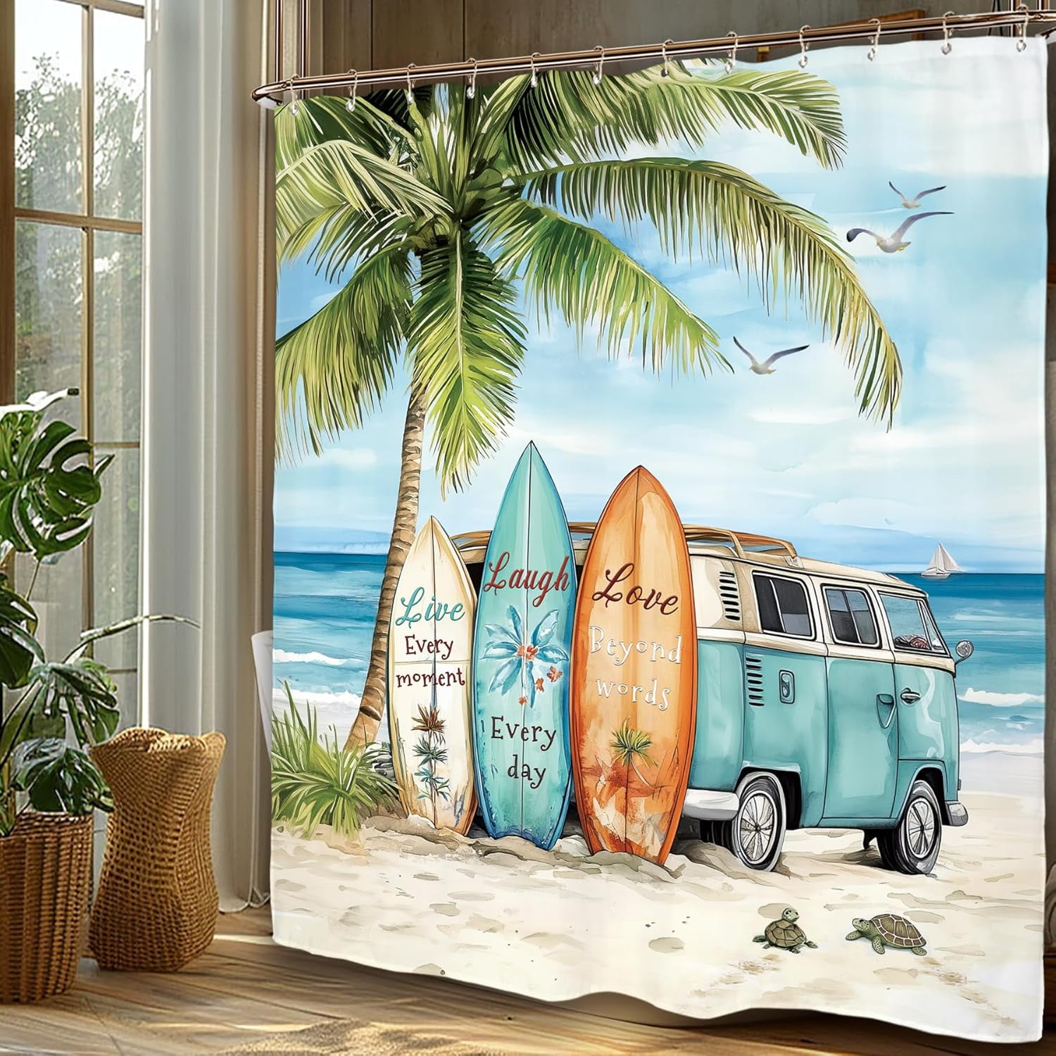 Coastal Beach Palm Surfboard Shower Curtain Set Ocean Summer Tropical Scenery Hawaii Camping Waterproof Bathroom Curtain with Hooks-60"W x 72"L (Pack of 1)