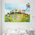 thumbnail image 1 of Cartoon Tapestry, Kids Nursery Design Happy Children on a Choo Choo Train with Safari Animals Artwork, Wall Hanging for Bedroom Living Room Dorm Decor, 80W X 60L Inches, Multicolor, by Ambesonne, 1 of 2