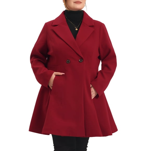 Agnes Orinda Women's Plus Size Coat A Line Notched Lapel Double Breasted Long Peacoat with Pockets 2X Burgundy