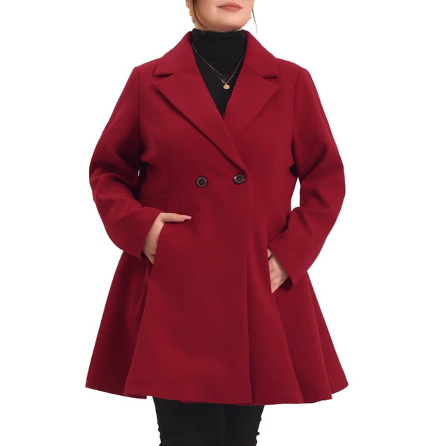 Agnes Orinda Women's Plus Size Coat A Line Notched Lapel Double Breasted Long Peacoat with Pockets 1X Burgundy