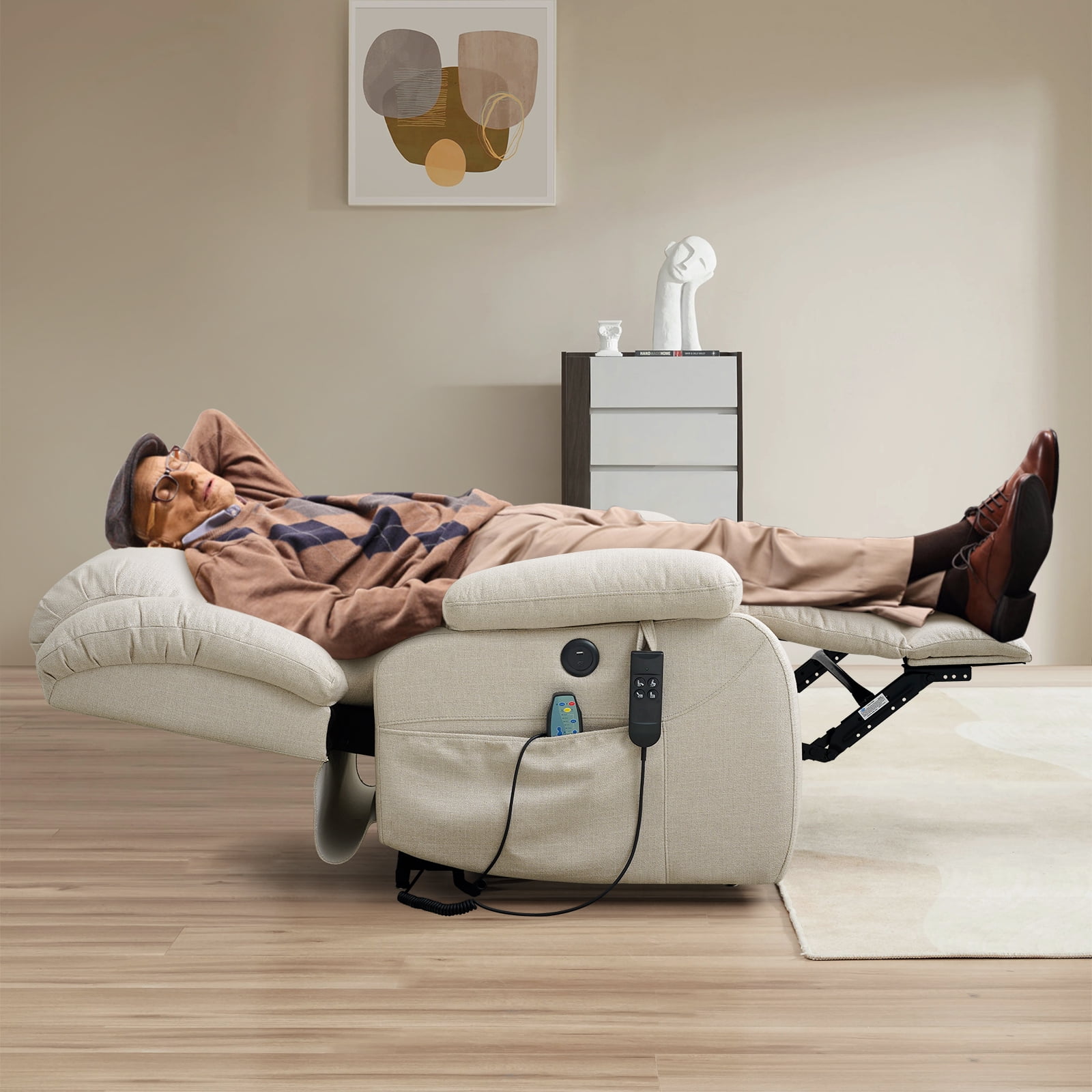 TEKAMON Infinite Position Lift Recliner Chair for Elderly with Heat and Massage Lay Flat Sleeping Power Lift Chair, Linen Fabric, Beige