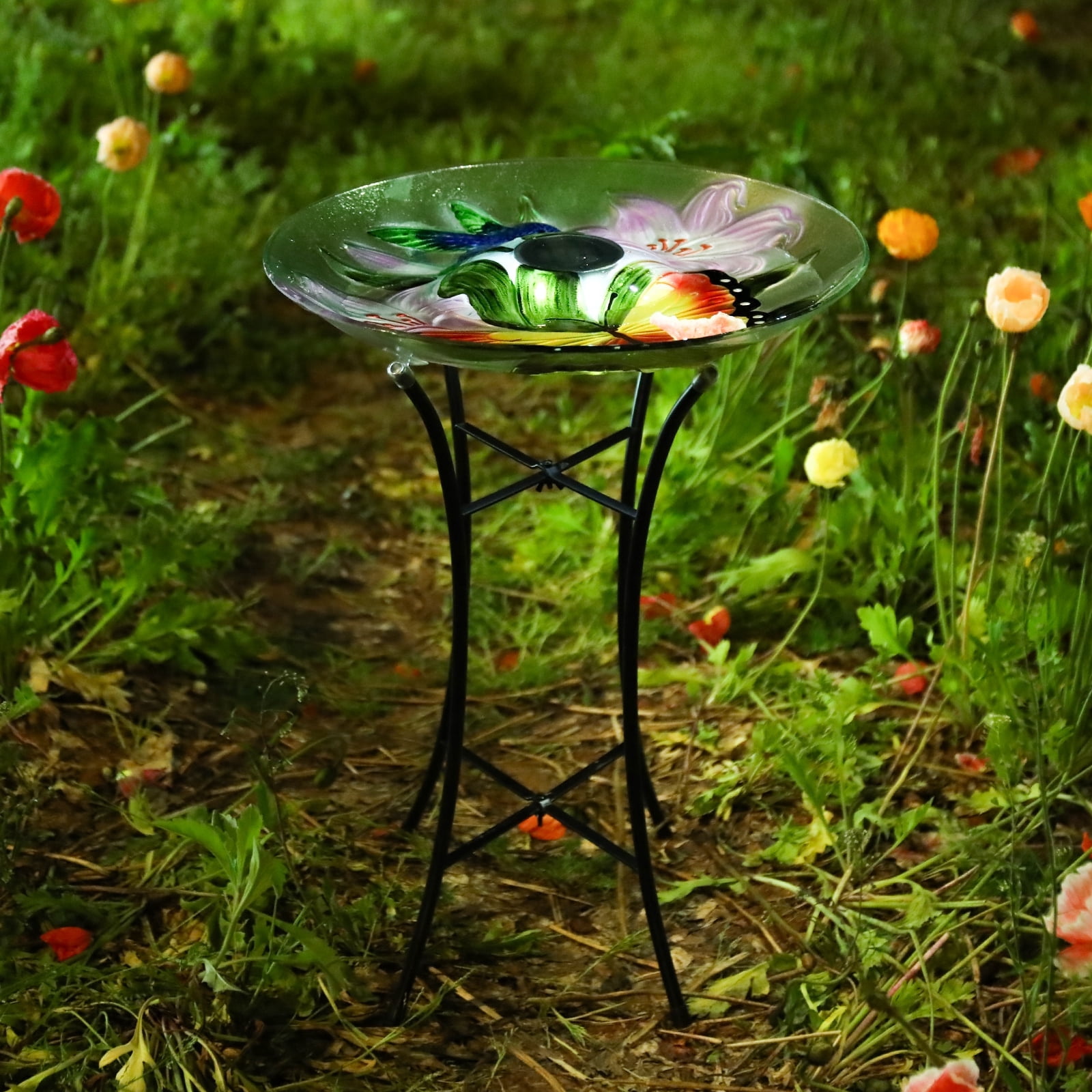 Outdoor Bird Bath, Solar Bird Bath, Butterfly Pattern, With Metal Stand, Attracts Birds, For Garden,Lawns,Patio