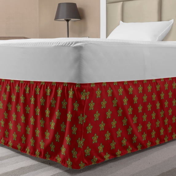 Ethnic Bed Skirt, Mandala Flowers with Circles Rounds on Burgundy Backdrop Artwork, Elastic Bedskirt Dust Ruffle Wrap Around for Bedding Decor, 4 Sizes, Brown and Turquoise, by Ambesonne