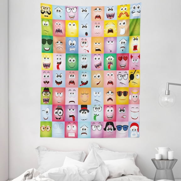 Humor Decor Tapestry, Set Of Internet Cartoon Meme Funny Facial Gesture Emotion Icons Digital Illustration, Wall Hanging for Bedroom Living Room Dorm Decor, 60W X 80L Inches, Multi, by Ambesonne