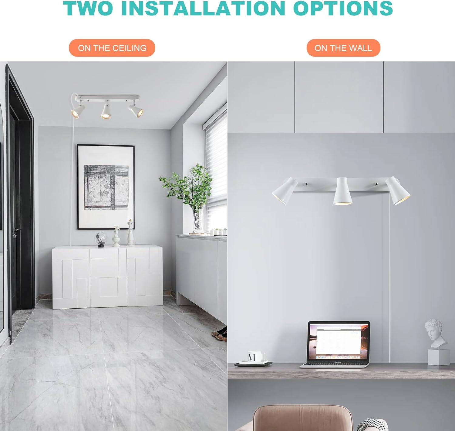 3-Light Track Lighting, White Wall Ceiling Fixture with Rotatable Heads, Bulbs Not Included