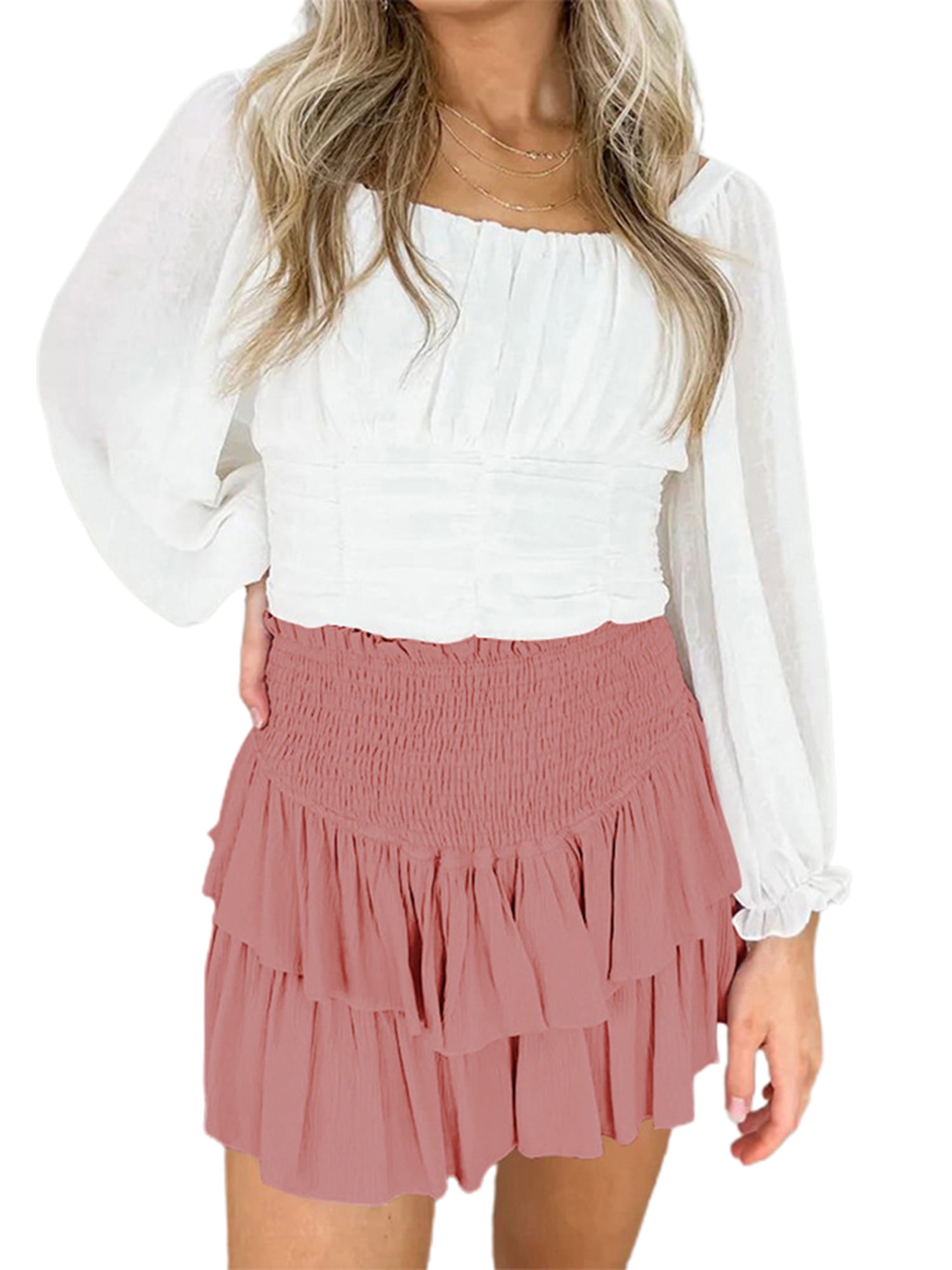 Women High Waisted Mini Skirts Featuring Ruffles Lace Patchwork Tiered Hem in ALine Flared for