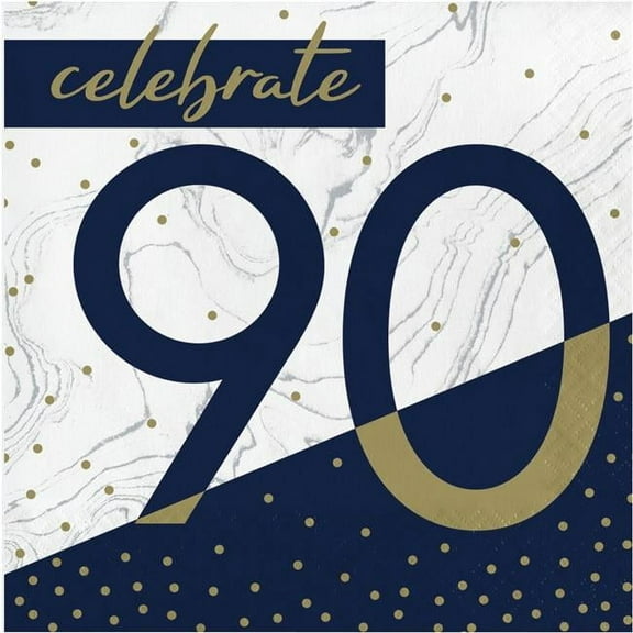 Creative Converting 357615 6.5 in. Navy & Gold Milestone 90th Birthday Luncheon Paper Napkin