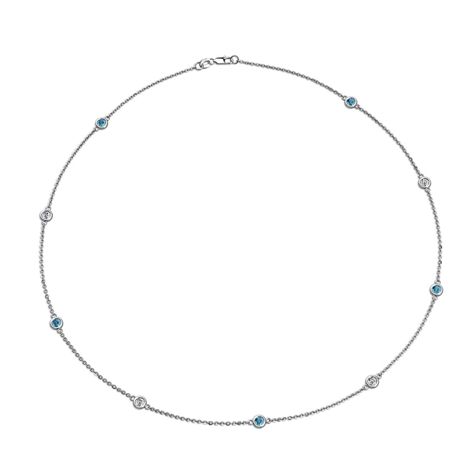 London Blue Topaz and Diamond (SI2-I1, G-H) 9 Station Necklace 0.68 cttw in 14K White Gold by TriJewels