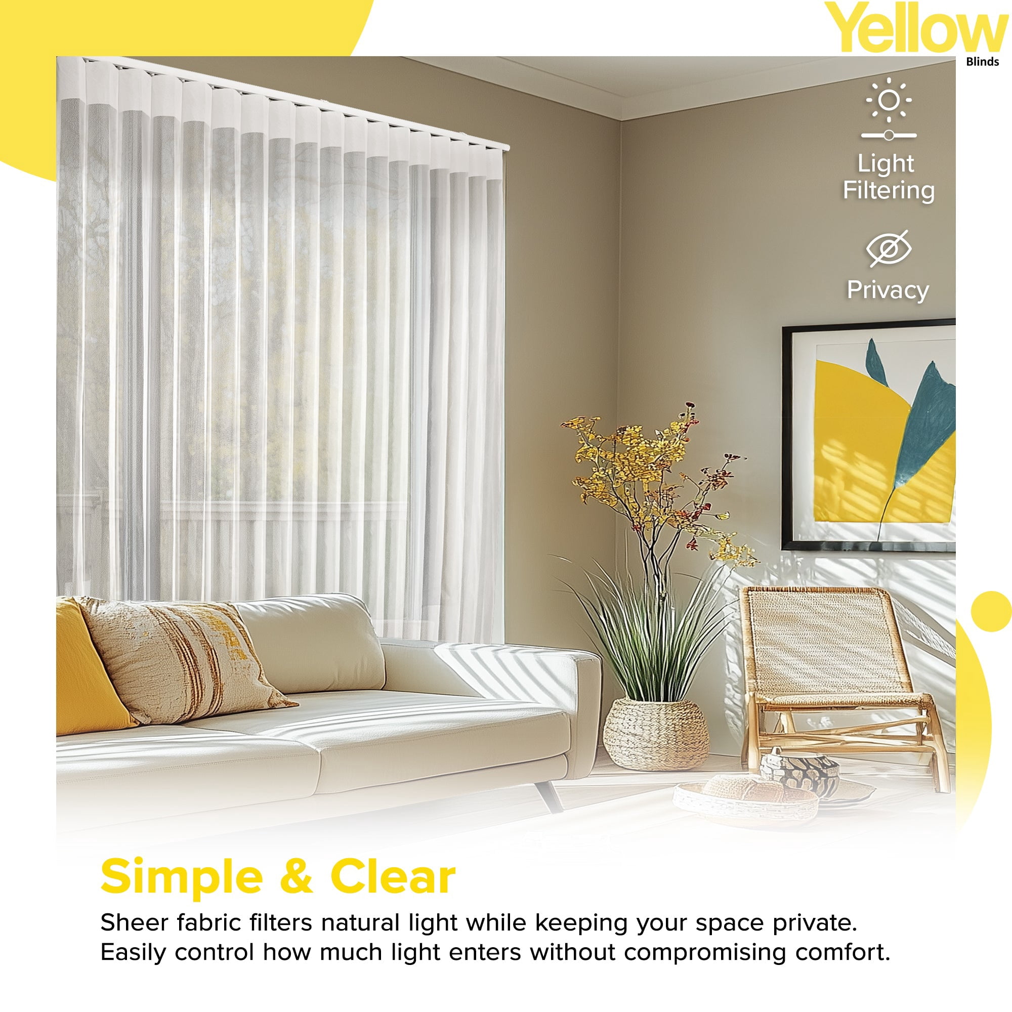 YELLOW BLINDS Light Filtering Sheer Vertical Blinds, Mist White, 78"W x 84"H
