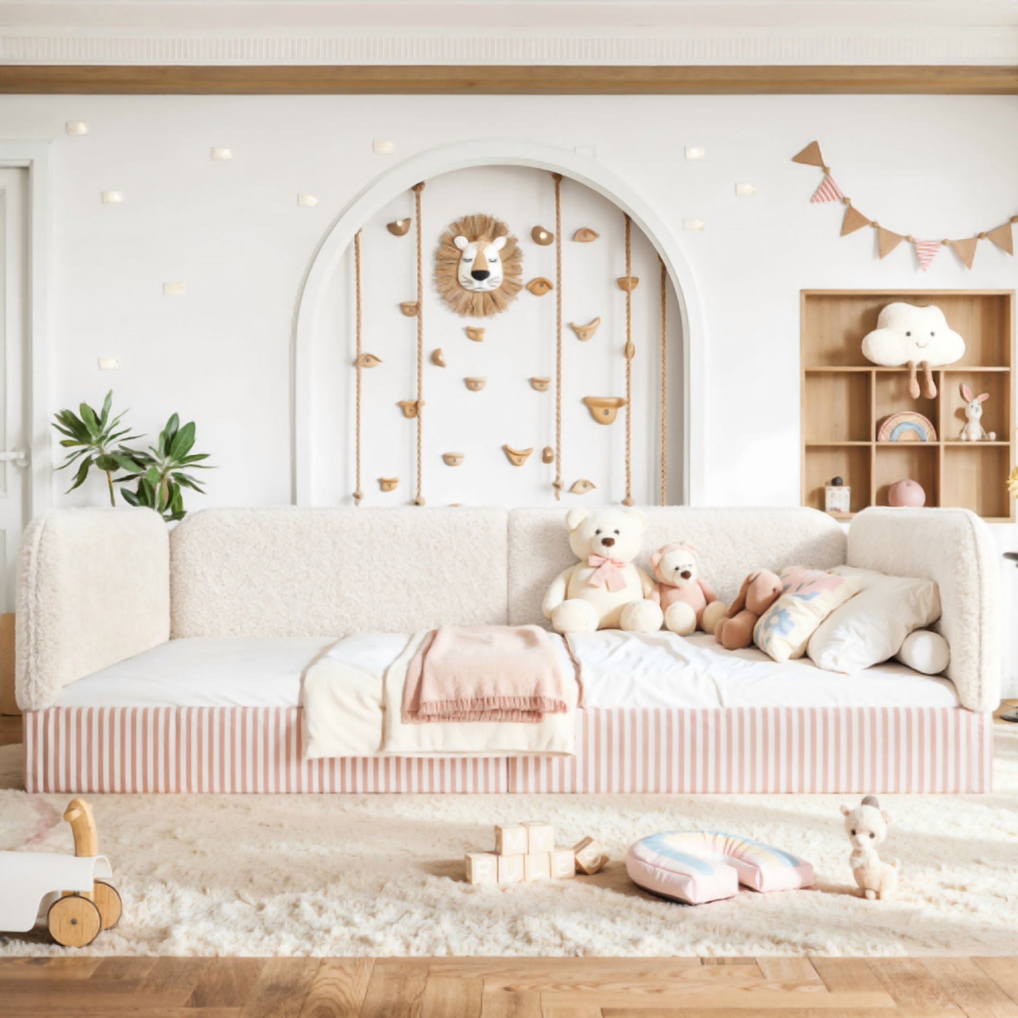 Queen Size Upholstered Teddy Fleece Floor Bed Frame, Half-Enclosed Montessori Low Profile Platform Bed with Full-Perimeter Guardrails for Kids, Beige