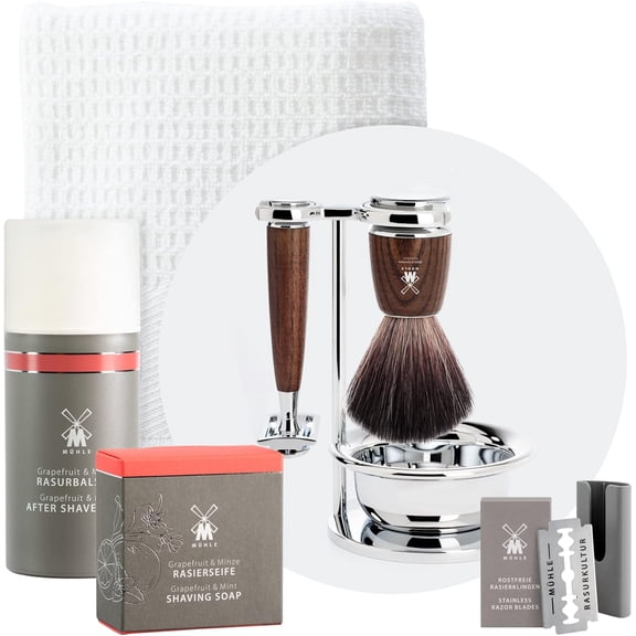 MÜHLE Rytmo Shaving Set 8 Pieces - Brush, Slicer and Stand Chrome-Plated Base, Blade, Soap, Cloth, After Shave - Elegant Ash