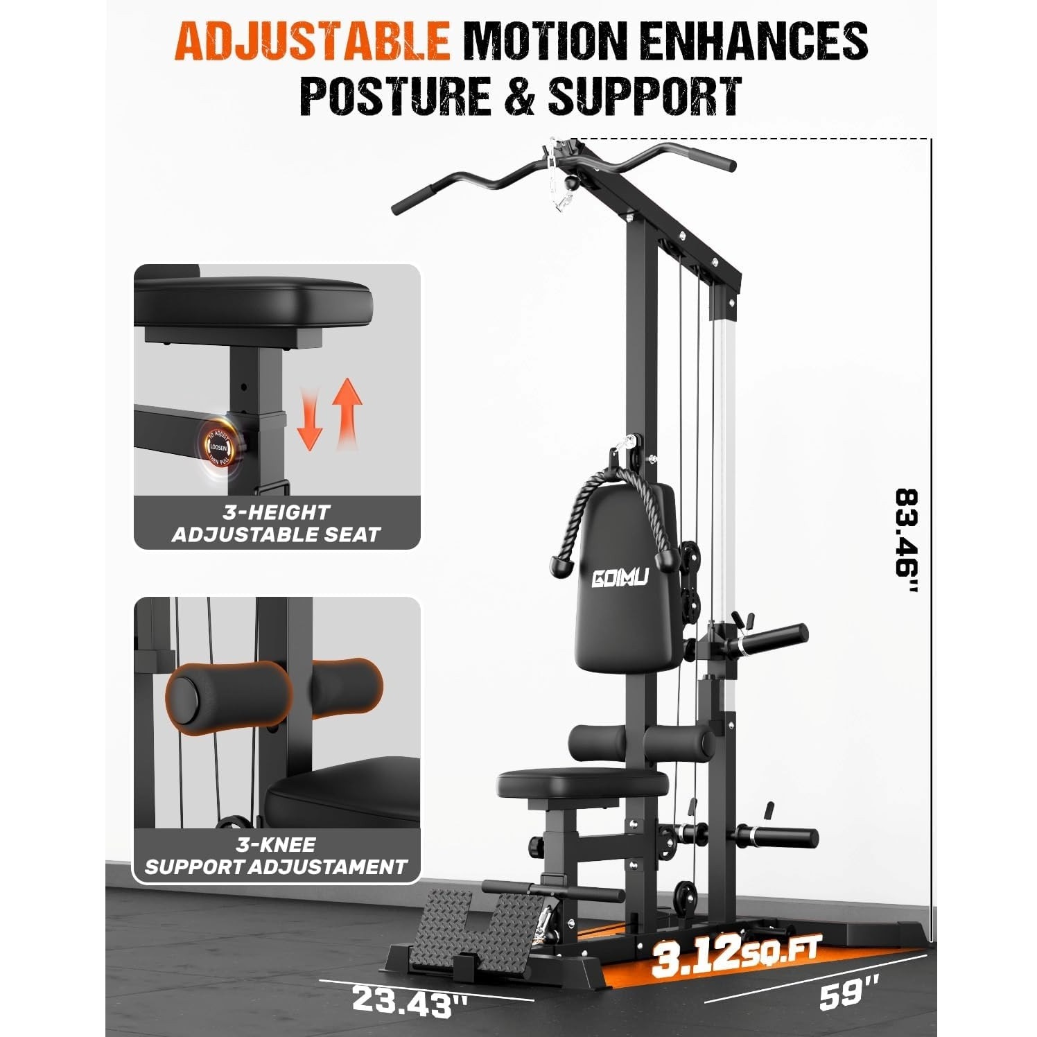 MITONOS 3 in 1 LAT Pulldown Machine,LAT Row Cable Machine with AB Crunch and Cable Row Attachments for Home Gym,High or Low Pulley Stations with Weight Plates (Black)