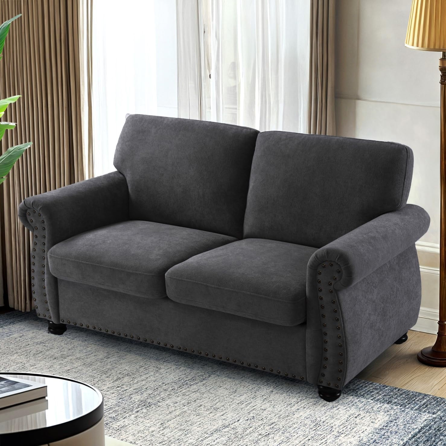 US Pride Furniture 65 in. Wide Rolled Arm Velvet Modern Rectangle Loveseat in Black For Home