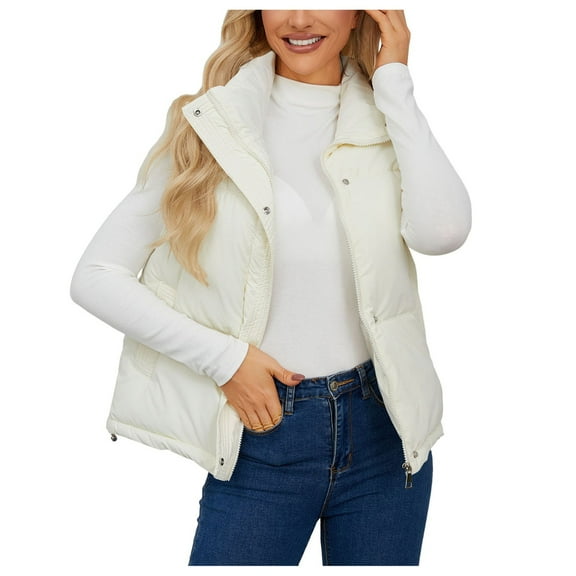 adviicd Womens Puffer Vest Stand Collar Zip Up Sleeveless Padded Gilet Coat with Pockets Winter Fashion (Beige, S)