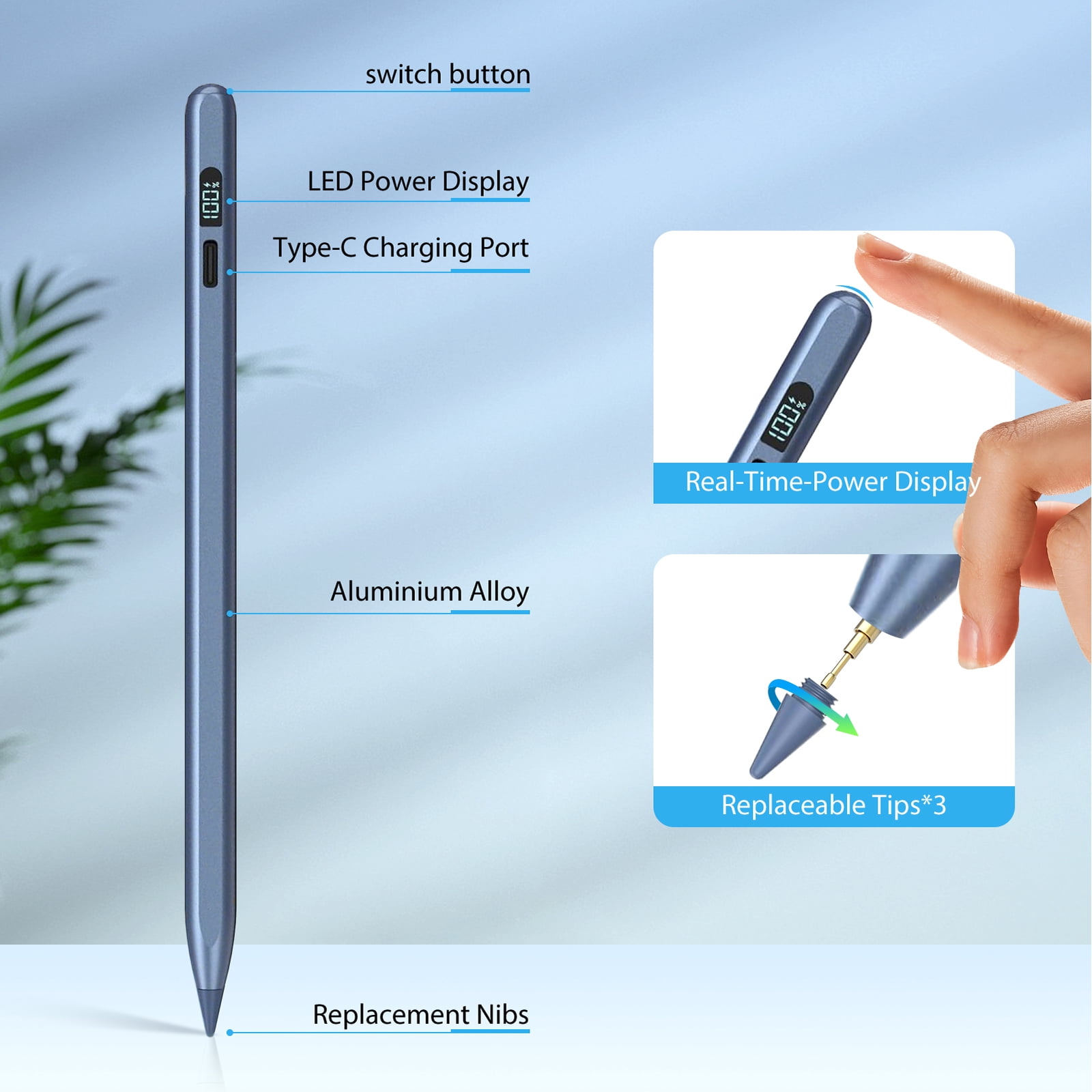 Stylus Pen for iPad 2018-2025, Apple iPad Pens 10th&9th Generation with LED Battery Display, Palm Rejection, Fast USB-C Charging, No Bluetooth, Compatible with iPad Pro Air Mini