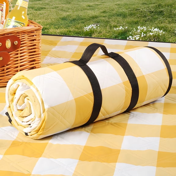 2-in-1 Waterproof Picnic Blanket - Sandproof & Windproof Outdoor Beach Mat with Carry Strap, Extra Large 78"x78" Foldable Camping Mat,Yellow