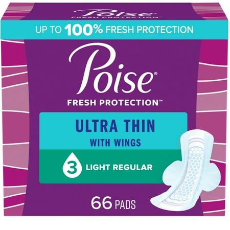 Poise Ultra Thin Incontinence Pads for Women, with Wings, 3 Drop, Light Absorbency, Regular, 66Ct