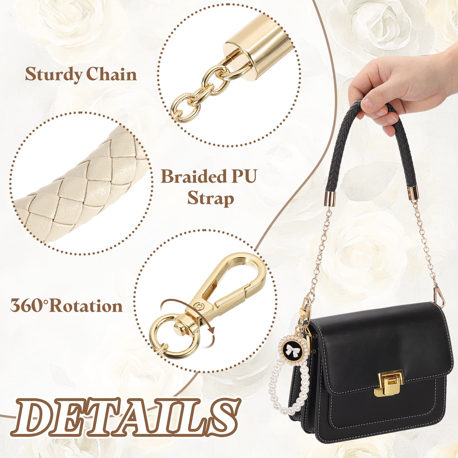 Uxcell 2 Pcs PU Leather Chain Purse Strap, 23.6 Inch Braided Purse Handles Replacement Strap with Pearl Pendant for Tote Bag Handbag Underarm Bag (Light Yellow, Light Gold Chain)