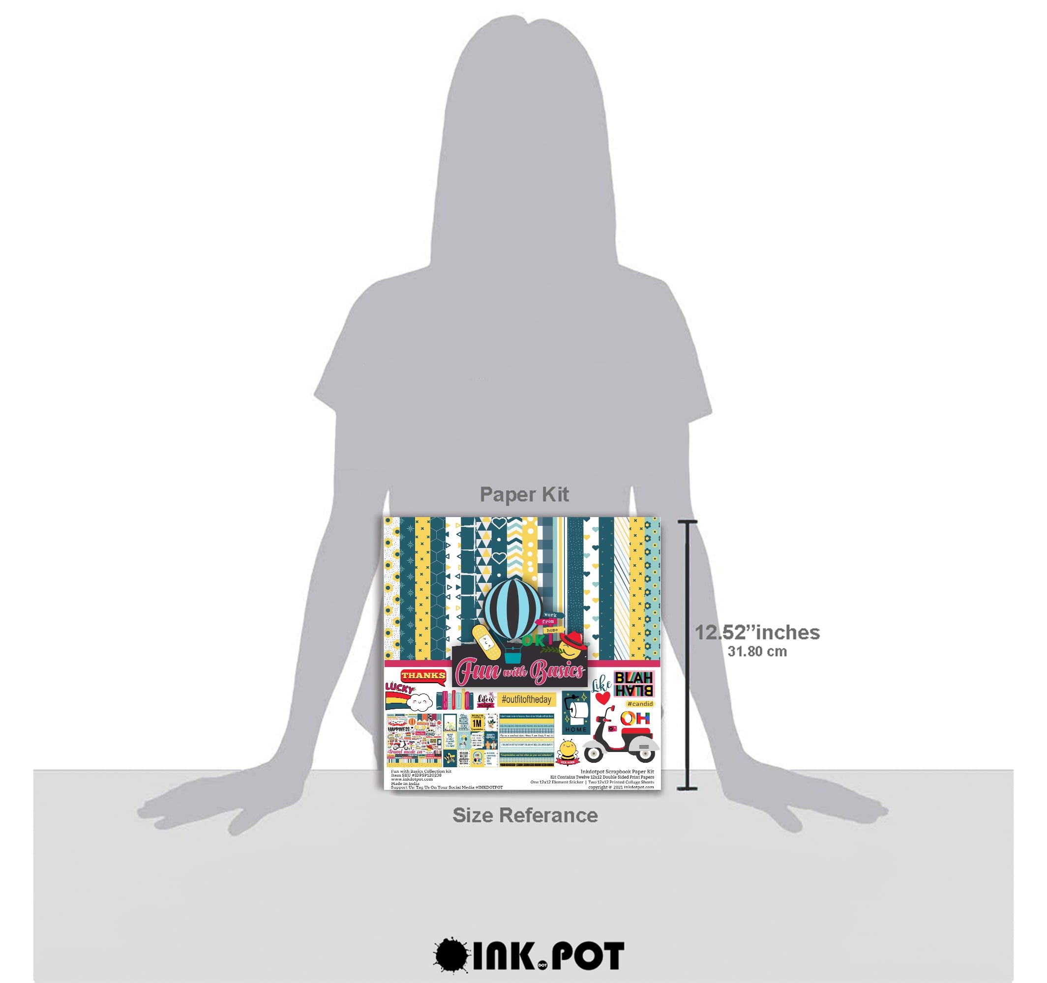 Inkdotpot Fun With Basics Collection Double,Sided Scrapbook Paper Kit Cardstock 12"x12" Card Making Paper Pack Of With Sticker Sheet - 16 Pages - Yellow & Teal Green