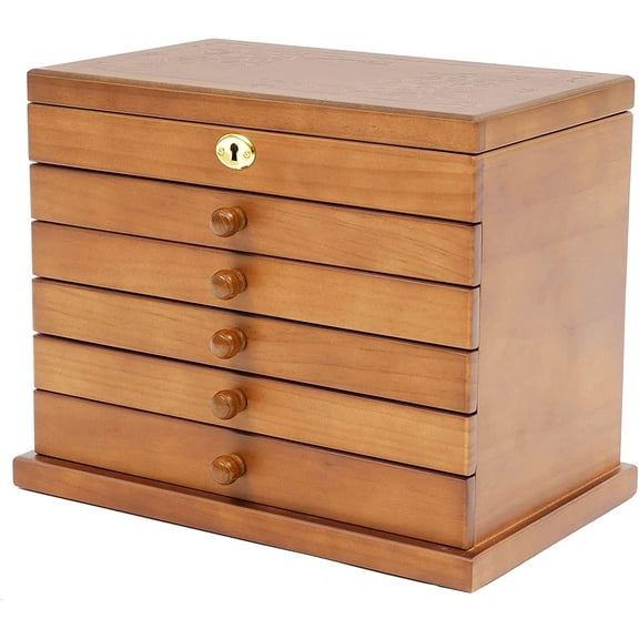 Large Wooden Jewelry Box for Women, Classic 6-layer Jewelry Storage Organizer with Mirror and Lock for Watches, Necklace, Ring (Brown)