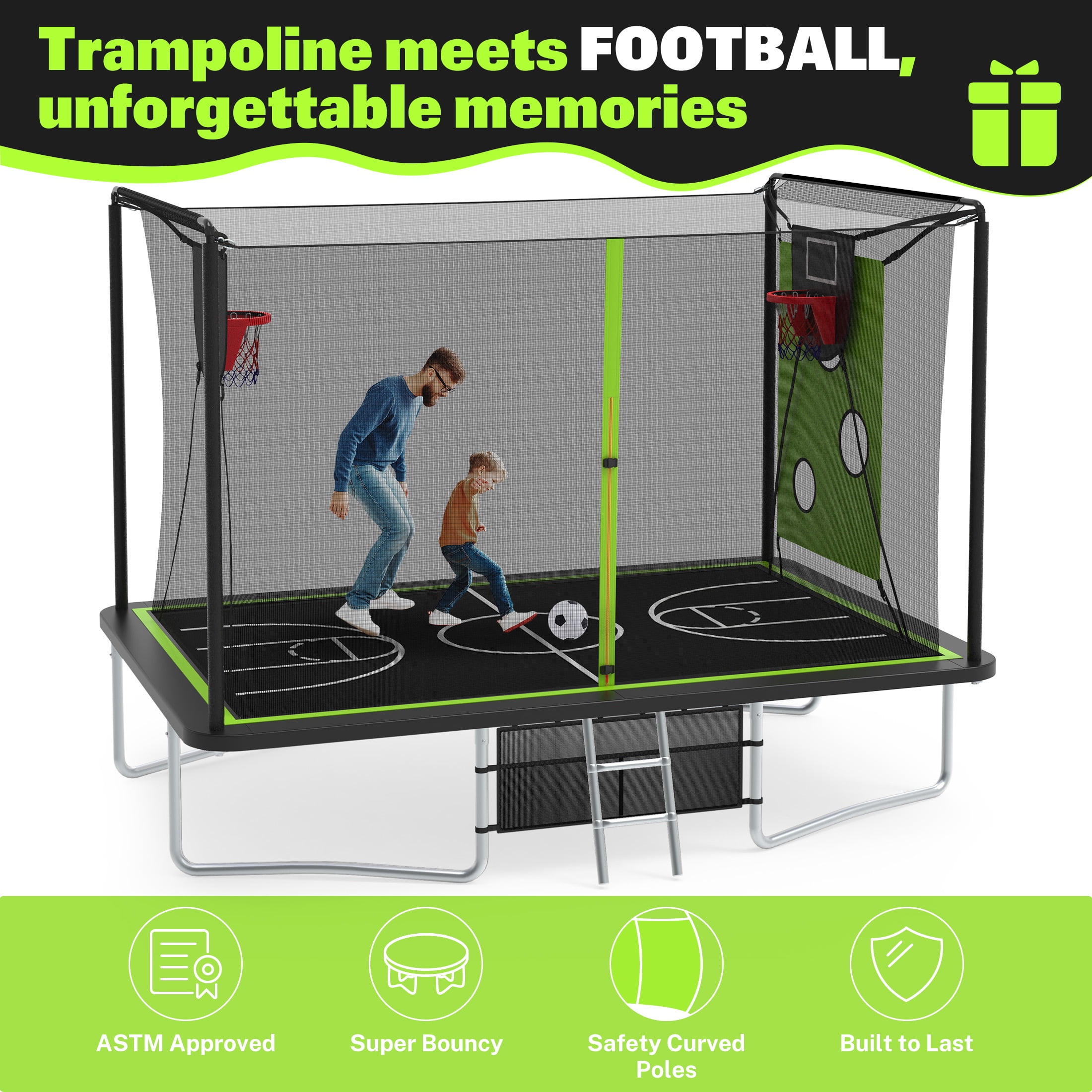 8X12FT Rectangular Trampoline with Enclosure Net, SEGMART Big Outdoor Rectangle Trampoline with Basketball Hoop, Large Square Trampoline 1322LBS Weight Capacity with Storage Bag for Kids, Adults