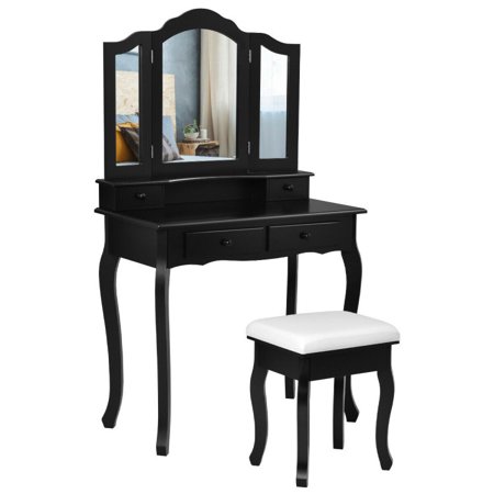 Forclover 4 Drawers Vanity Table Set with Tri-Folding Mirror  Bedroom Bathroom Dressing Table Makeup Desk with Cushioned Stool  Black
