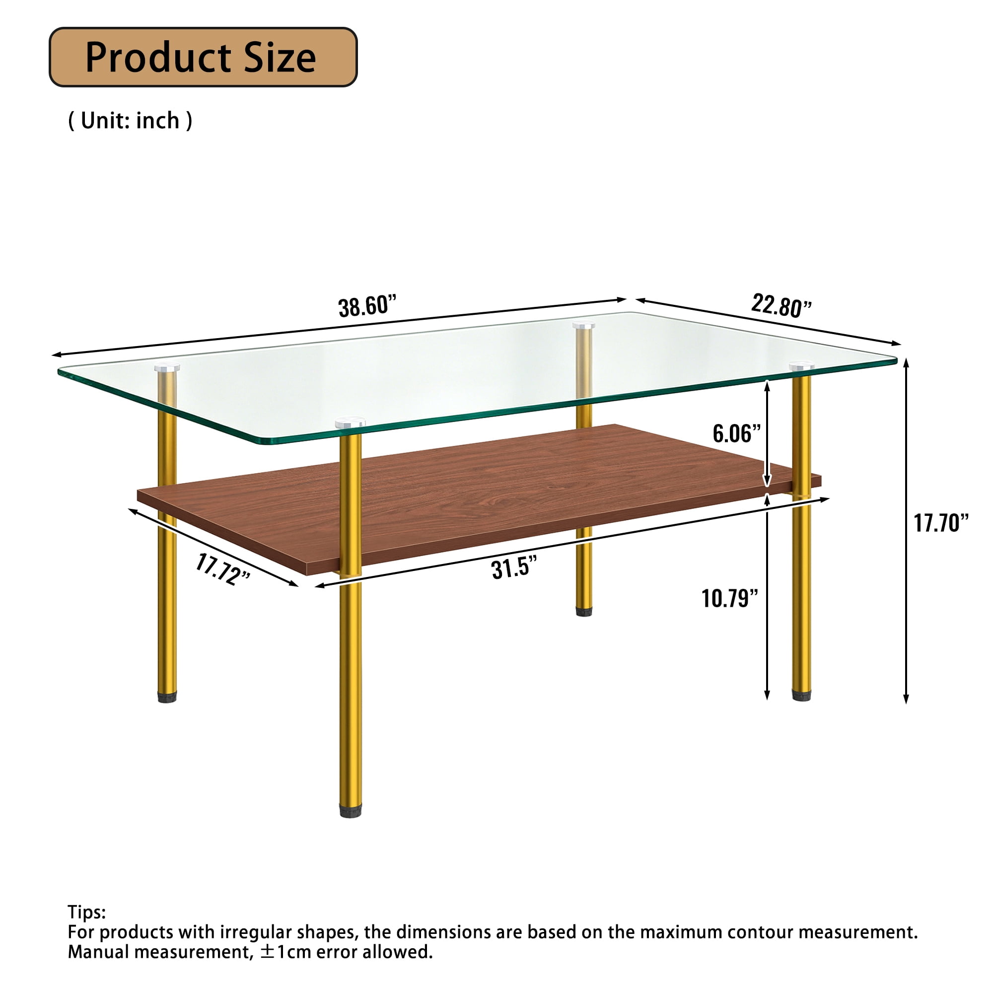Modern Rectangular Glass Coffee Table with Tempered Glass Top and Wood Shelf, 38.6-Inch Center Table for Living Room, Gold