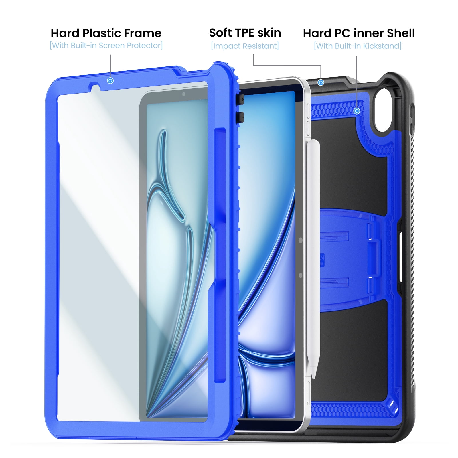 ELEHOLD Rugged Case with Pencil Holder For iPad Air 11-inch M3 (2025) / M2 (2024), Built-in Kickstand Double-Layer Protection Full-Body Shockproof Cover For Apple iPad Air 11 (2025/2024),Blue