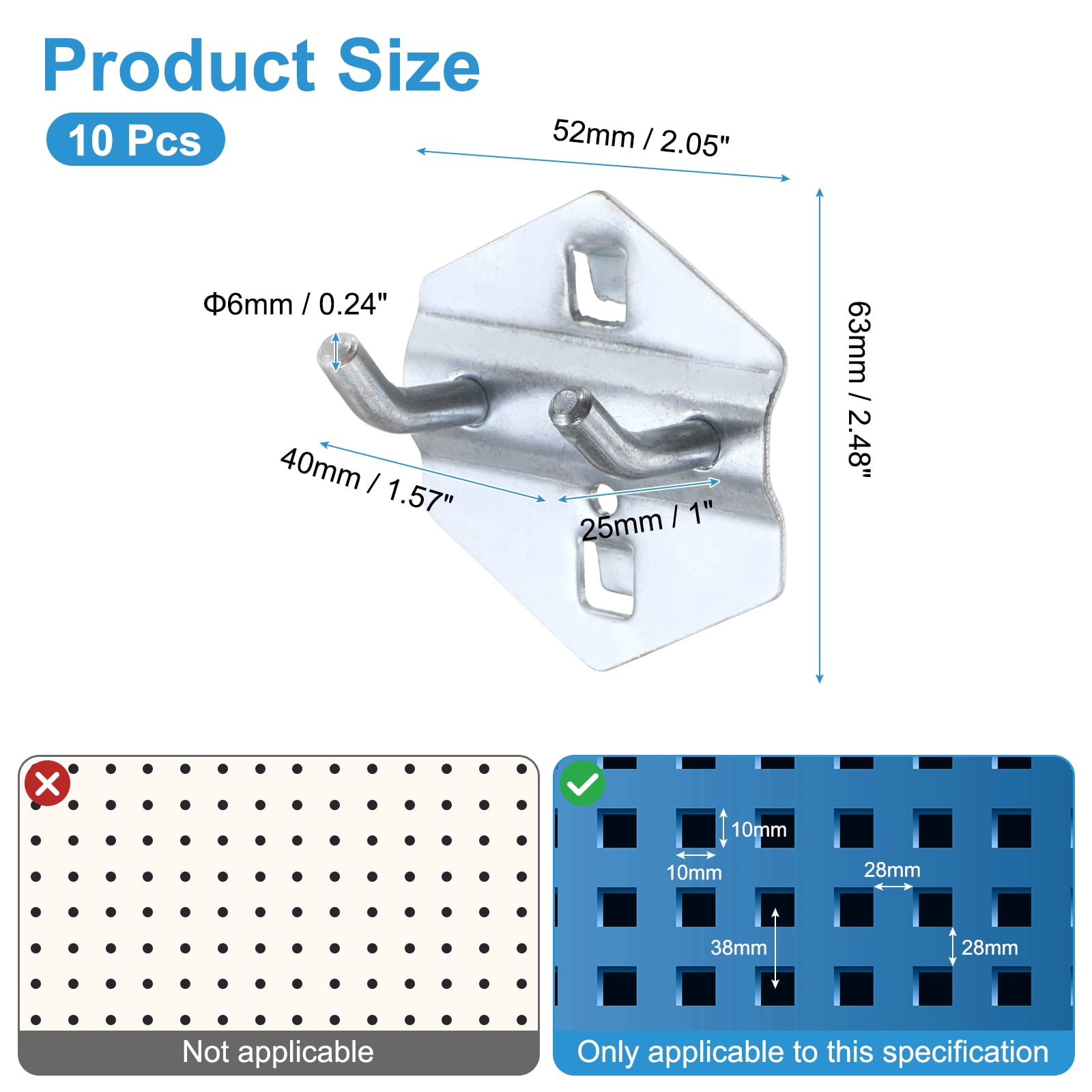 Uxcell 10Pcs Metal Square Peg Board Hooks, 1" Heavy Duty Square Hole Peg Hook for 3/8" Spaced Pegboards, Silver