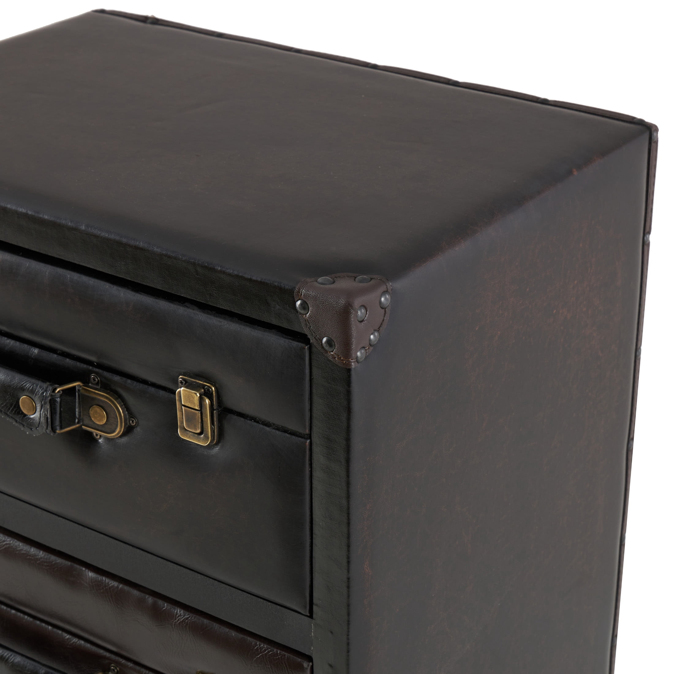 DecMode 19" x 28" Dark Brown Faux Leather Vintage Faux Leather 3 Drawer Chest with Gold Buckle and Strap Accents, 1-Piece