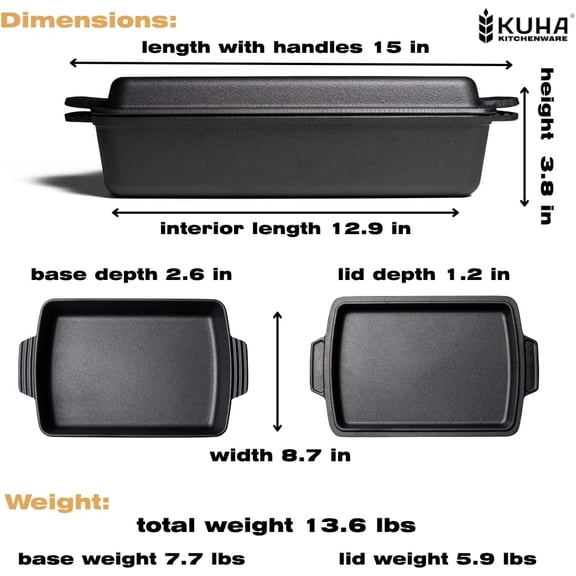 Kuha 2-in-1 Square Cast Iron Dutch Oven, 6 QT – Skillet Lid & Casserole Dish, Pre-Seasoned 13×9 Baking/Roasting Pan, Oven-Grill-Campfire Safe, Comes with Chainmail Scrubber