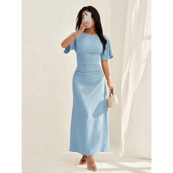Blue Womens Linen Blend Solid Color Elegant Maxi Dress With Short Flare Sleeves