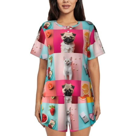 Ocsxa Colorful Dog Cat Collage Print Women s Short-Sleeved Pajama Set Pajamas 2 Piece Short Sleeve Sleepwear Set Summer Pajamas Set Lounge Sets 2-Piece Pj-Large