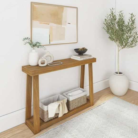 Plank+Beam Solid Wood Console Table with Storage, 46.25 Inch, Sofa Table with Shelf, Narrow Entryway Table for Hallway, Behind The Couch, Living Room, Foyer, Easy Assembly, Pecan