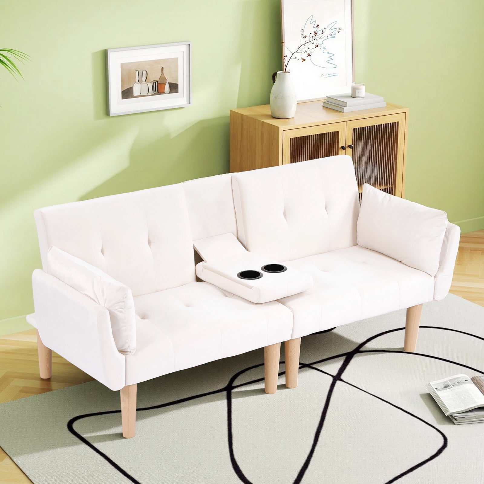 Leumius 72 Inch Futon Sofa Bed,Velvet Futon Couch with Adjustable Backrest and Cupholders,Suitable for Apartment,Living Room,Small Space,Beige