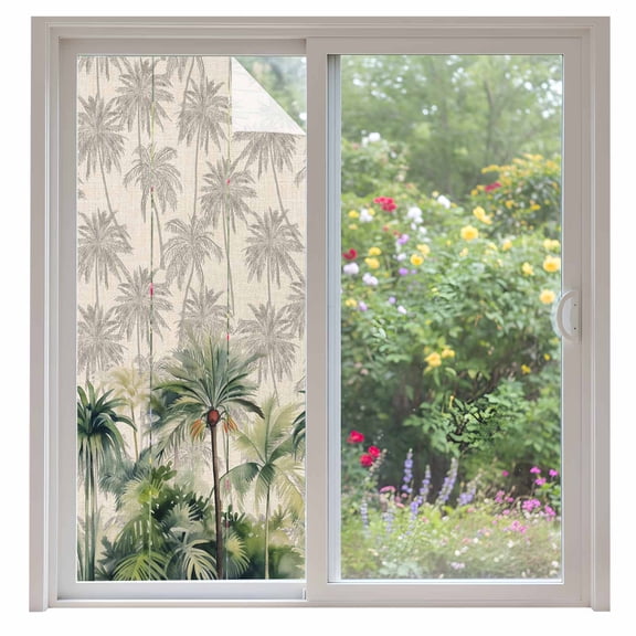 Summer Tropical Leaves Window Privacy Film, Green Palm Trees Botanical Static Cling UV Sun Blocking Heat Control Window Tint Day and Night, Non-Adhesive One Way Windows Privacy Cover 35.4''x78.7''