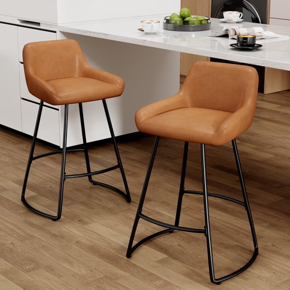 Andeworld 24'' Bar Stools Set of 2, Modern Counter Height Bar Stools with Footrest, Faux Leather Barstools, Brown