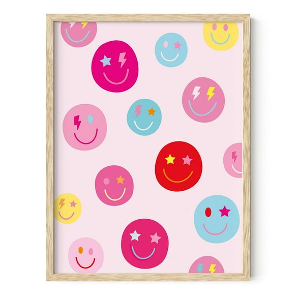 HAUS AND HUES Smiley Face Poster - Preppy Wall Art Pink Posters For Room Aesthetic, Posters for Teen Girls Preppy Paintings, Wall Posters Aesthetic Posters For Room Wall Art Pink (Beige Frame, 12x16)