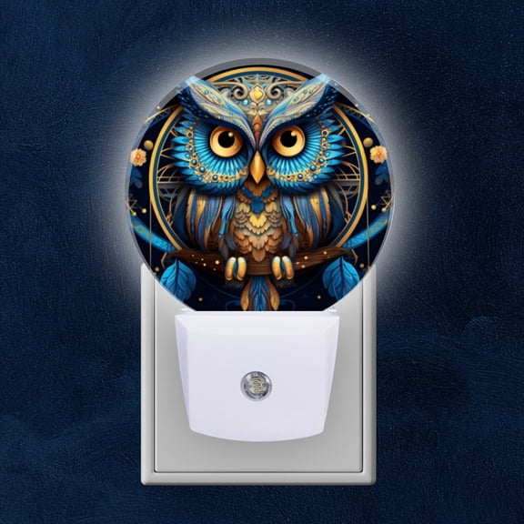 Round LED Night Lights Lamp with Dusk to Dawn Sensor, Blue And Gold Owl Dream Catcher Of Symmetrical Design Night Light Plug Into Wall for Kids Room, Bedroom, Bathroom, Kitchen, Hallway