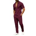 thumbnail image 2 of 2 Piece Waffle Textured Matching Suit for Men Deep V Lapel Polo Shirt Drawstring Waist Straight Leg Pants Wrinkle Resistant Casual Outfit for Weekend Resort Travel Wine S, 2 of 6