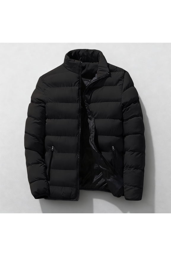 Stand Collar Men Jacket Black Thick Zip up Puffer Jacket Heavyweight Long Sleeve Thermal Puffy Coat Mens Coats L
