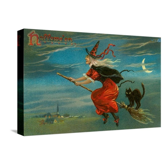 Art.com Halloween, Witch and Cat on Broom Stretched Canvas Print Wall Art, 18" x 12"