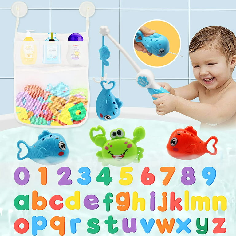 Bath Toys Set for Toddlers 1-3, Bath Toy Storage Bag Hooks,Baby Bathtub Toys  with 36 Letters and Numbers,Shower Toys Bath Time with 3 Fishing Toys and  Water Gun Floating for Baby Pool