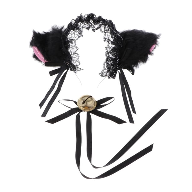 Conjunto de accesorios para disfraz de cosplay con diadema y gargantilla de campana con orejas de gato para mujer Negro