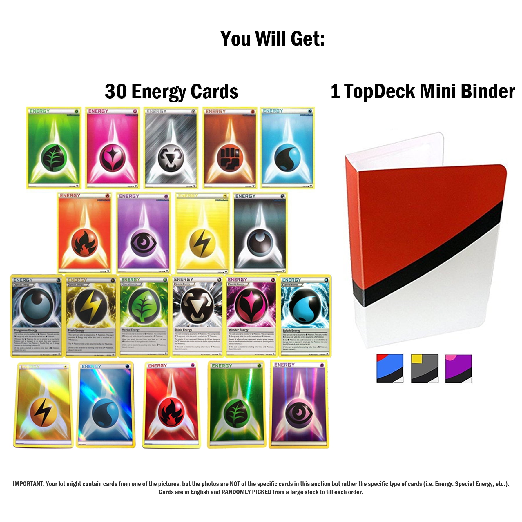 30 Special Pokemon Energy Cards Non-Basic with TopDeck Mini Binder
